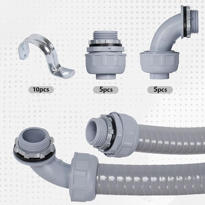 Liquid-Tight Conduit 1-1/4 inch 25ft w/UL Certification | Flexible Electrical Conduit with 5 Straight and 5 90-Degree Conduit Connector Fittings Gray