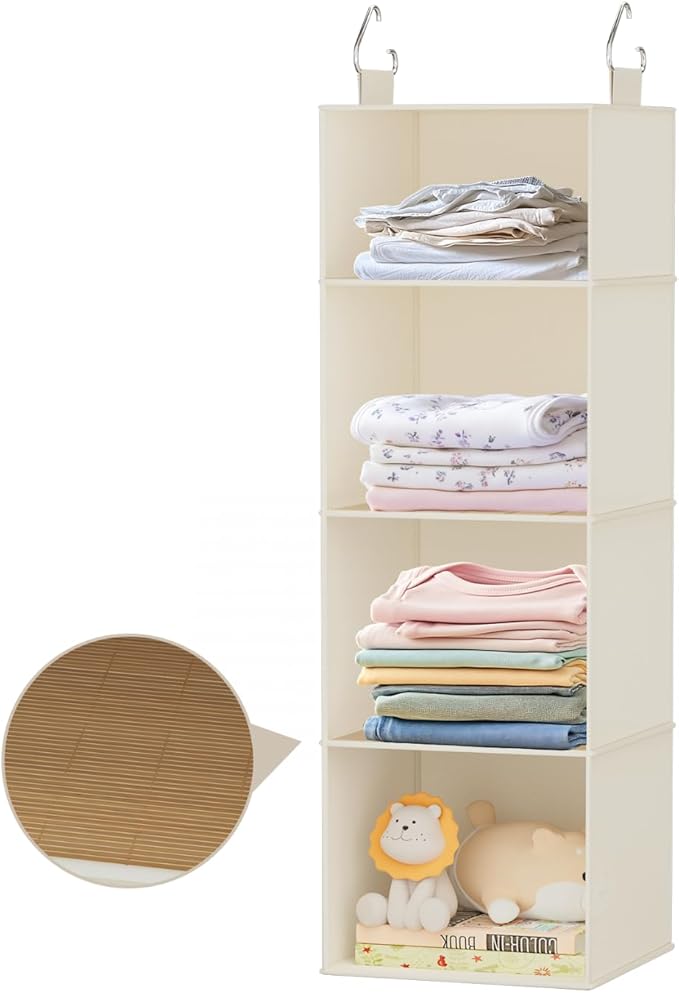 VERONLY Hanging Closet Organizer and Storage with Bamboo Shelves - Foldable Storage for Clothes, Towels, Accessories | Space Saving, No Assembly Needed (Beige)