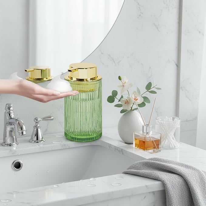 Foaming Soap Dispenser, Bathroom Green Glass Foam Soap Dispenser, Refillable 12 Oz Foam Pump Bottle Container with Gold Pump, Decorative Slim Ribbed Dish Soap Dispenser for Kitchen