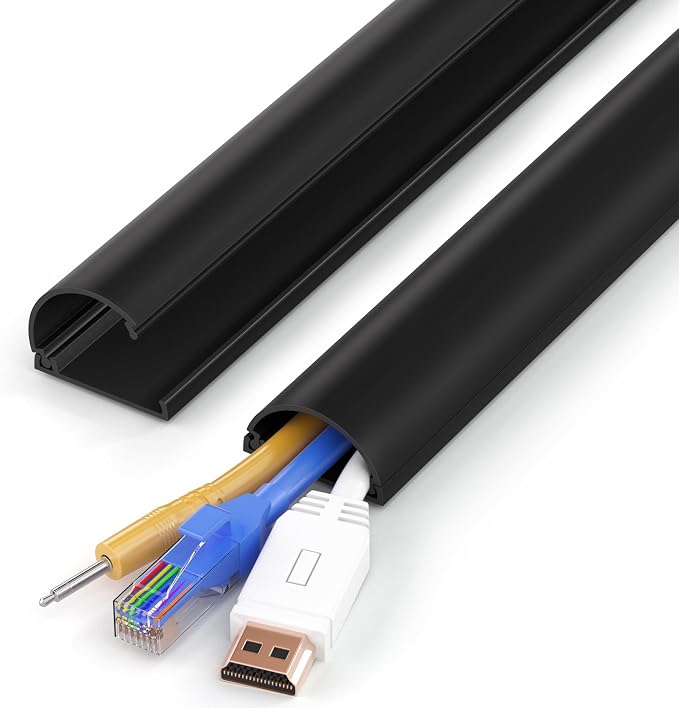 ZhiYo 34in Cord Hider for 2-4 Wall-Mounted TV Wires, 1.4" W x 0.7" H, Black | Split-Hinge Design for Easy Installation, Half-Round Glazed Finish Ideal for Wall/Baseboard, Self-Adhesive, 2 Pack (17" Each)