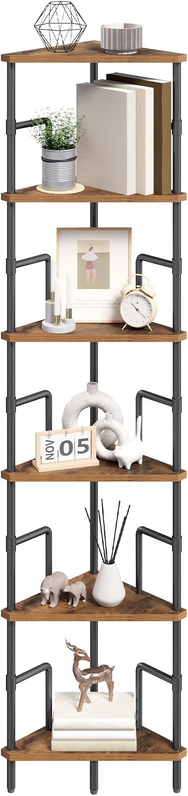 MAHANCRIS 6-Tier Corner Shelf, 65" Tall Corner Bookshelf with Metal Frame, Narrow Display Shelf Stand, Industrial Corner Bookcase for Living Room, Bedroom, Home Office, Rustic Brown CSHR6601
