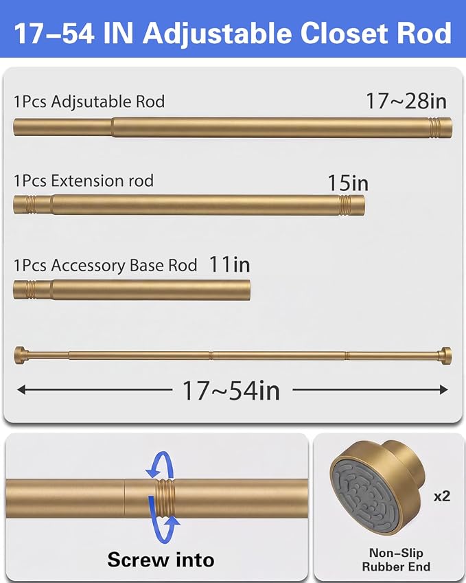 Closet Rod, No Drill Tension Closet Rod for Hanging Clothes, 17-54in, Gold | Quick Tool-Free Install, Non-Slip Rubber Ends Grip Securely, Heavy-Duty Rod Supports Up To 66 lb In Closet, Laundry Rooms, RV