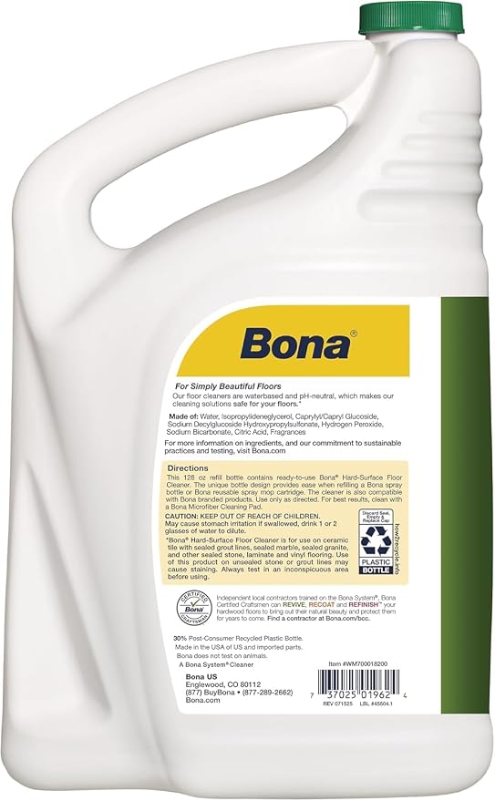 Bona Multi-Surface Floor Cleaner Refill - 128 fl oz - Lemon Mint | Residue-Free Floor Cleaning Solution Refill for Spray Mop and Spray Bottles - Use on Stone, Tile, Laminate, and Vinyl Floors
