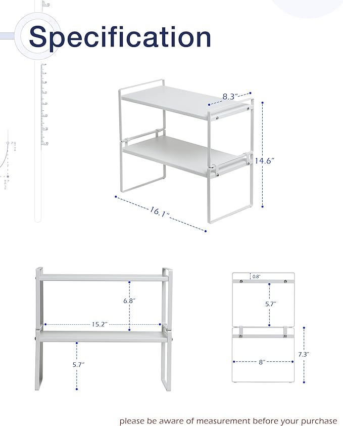Nxconsu Stackable Cabinet Shelf Organizer 2 Pack, Standard White | Heavy-Duty 3mm Steel Stackable 2-Tier Shelf, Holds 50 lb, for Kitchen Cabinet Pantry Cupboard Counter Bathroom Under Sink