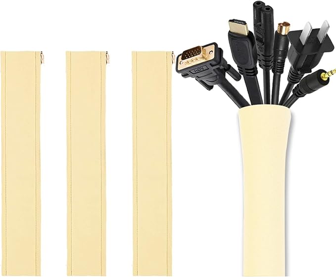 JOTO 4 Pack Cable Management Sleeve, 19-20 Inches Cord Organizer System with Zipper for TV Computer Office Home Entertainment, Flexible Cable Sleeve Wrap Cover Wire Hider System -Beige