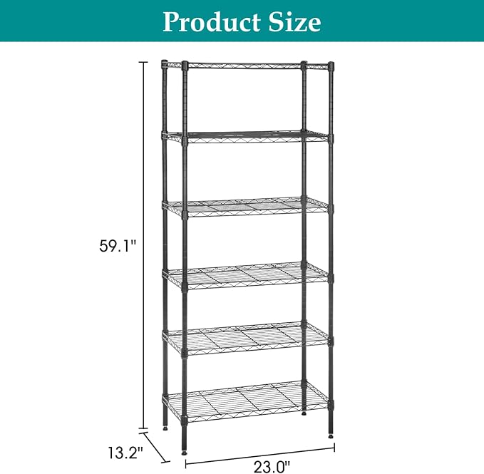 PayLessHere | 6-Tier Wire Shelf | 23"x13"x59" | Black | Adjustable Racks | Heavy-Duty Storage Shelves, Holds Upto 1500 lbs | Rust-Resistant, No-Tool Assembly | for Home, Garage Shelving