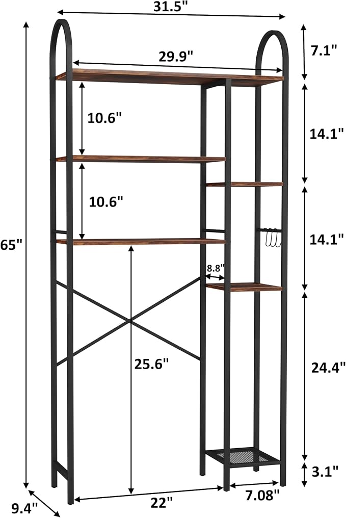 HOMEFORT Over The Toilet Storage with Side Rack, 6-Tier Over Toilet Storage Rack with Adjustable Shelf, Space Saver Bathroom Organizer for Laundry, Balcony, Kitchen,31.5"W x 9.4"D x 65"H,Rustic Brown