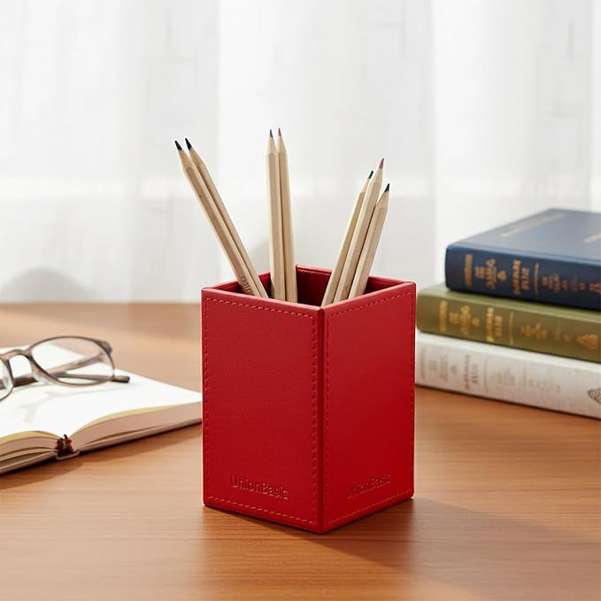 UnionBasic Square Pen Holder, Leather Pencil Cup, Desktop Caddy Stationery Organizer, Red
