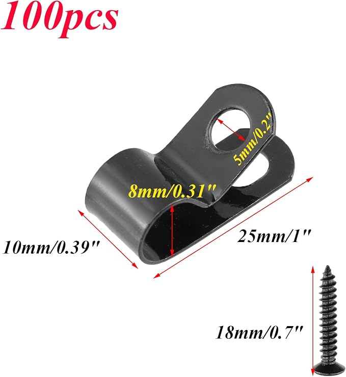 Antrader 100Pcs R-Type 0.31" Fence Wire Clamp to Vinyl, Wood or Metal Fence | 8mm Wire Metal Cable Management Cord Organizer,Rust-Resistant Black Coated Steel,Agricultural Fencing Mounting Clips