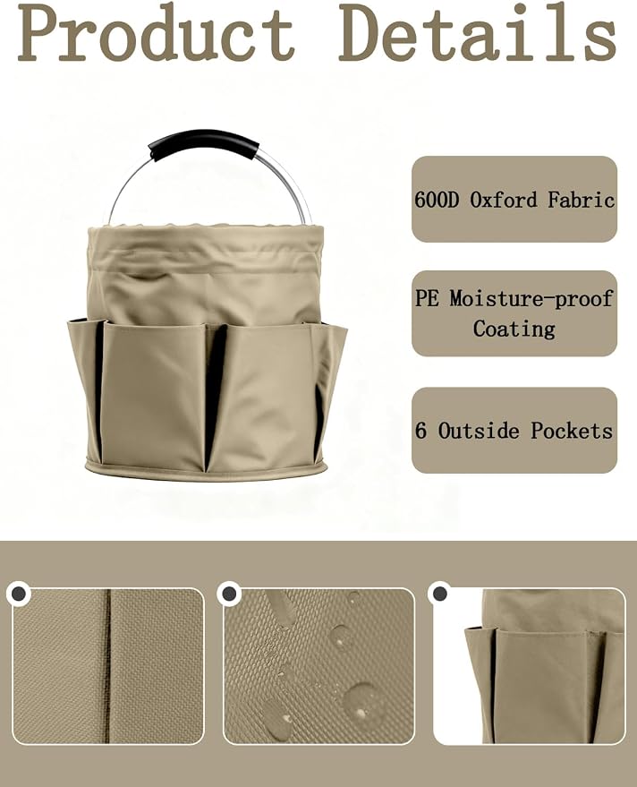 Cleaning Caddy with Handle, Cleaning Products Organiser, Foldable Storage Basket, Large Supply Organiser 17L with 6 Pockets, Portable Cleaning Caddy for Home & Garden (Khaki)