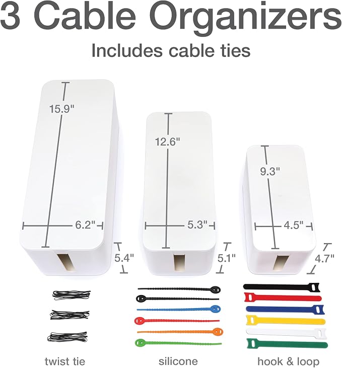 Oxford Cable Management Boxes, 3 Pack, Small, Medium, Large, 15 Cable Ties (Hook & Loop, Silicone,Twist Ties), Power Strip Organizer, White (27800) | Three sizes small medium large, Hides power strips and cords, Heat-resistant ABS with lids, Includes 1...