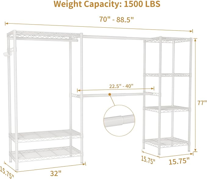 Golpart Heavy Duty Clothes Rack Metal Wardrobe with Adjustable Wire Shelves | Closet Organizers and Storage Clothing Rack Metal System Freestanding Hanging Clothes System Free Standing Garment Coat Racks