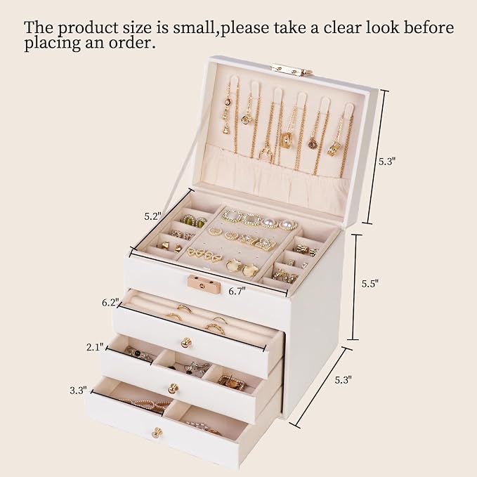 Leather Jewelry Box with Lock for Women, 4-Tier 3-Drawer Jewelry Organizer, Large Capacity Vanity Storage Case for Earrings Rings Necklaces, Gift for Her (White)