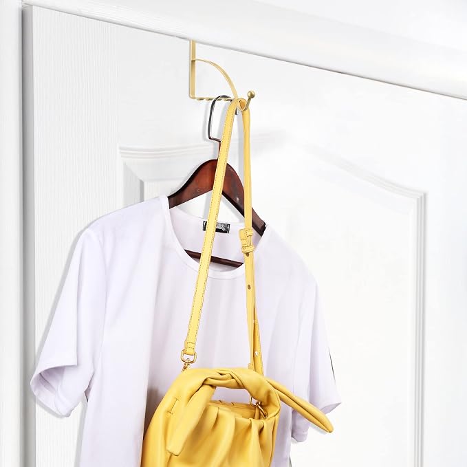 Hotop 2 Pcs Over The Door Hooks Over Door Hanger Sturdy Valet Hooks Mounted Hanging Storage Organizer Rack for Clothes Coats Towels Hats Scarves Purses(Champagne Gold)