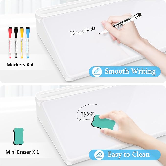 DOLLAR BOSS Glass Desk Whiteboard Small Dry Erase Board Desktop White Board with Storage Drawer Computer Keyboard Stand Desk Organizer Office Accessories Back to School Supplies with 4 Markers, White