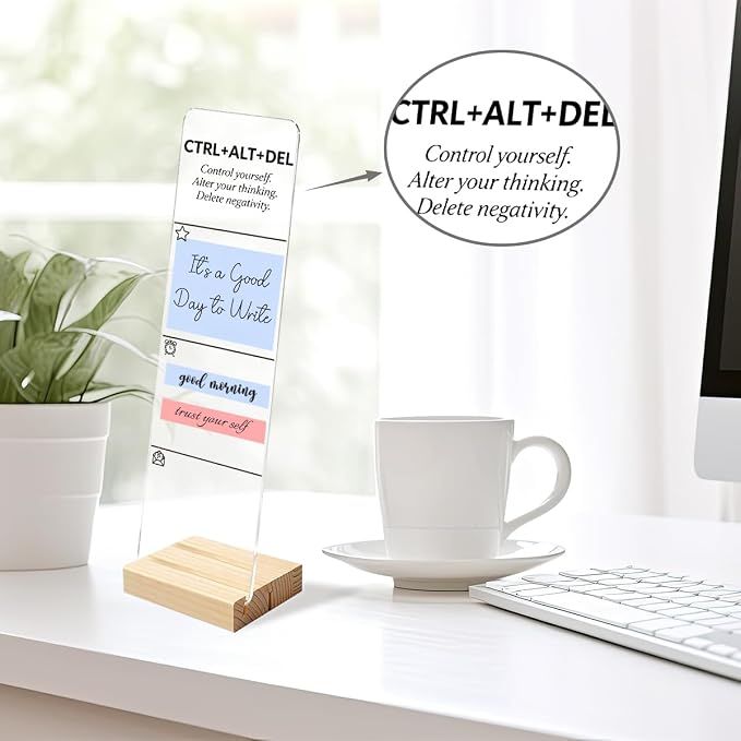 Sticky Note Holder, Monitor Memo Board, Sticky Note Board for Desk, Acrylic Desk Buddy with Wooden Base, Includes 200 Notes, Inspirational “Control Yourself Alter Your Thinking Delete Negativity”