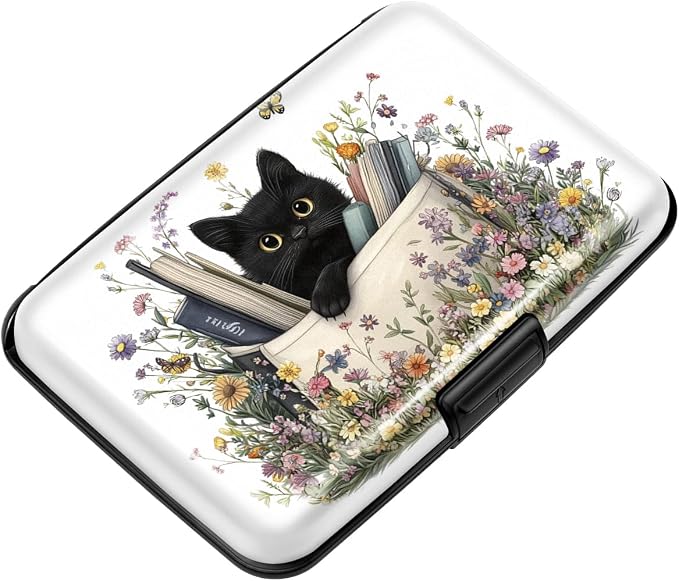 Coco Rossi Credit Card Holder RFID Aluminum Small Mini Wallet Women | Metal Wallet, Business Cards Holder, ID Case, Slim Sleeves, Womens Girls Gift, Carry Proof Wallets for Travel, Cat & Books