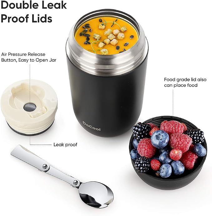 DaCool Adults Food Thermo for Hot Food 24 oz Insulated Food Jar Insulated Lunch Container Vacuum Stainless Steel Soup Thermo for Women Man Leakproof for Office Picnic Travel Outdoors, Black