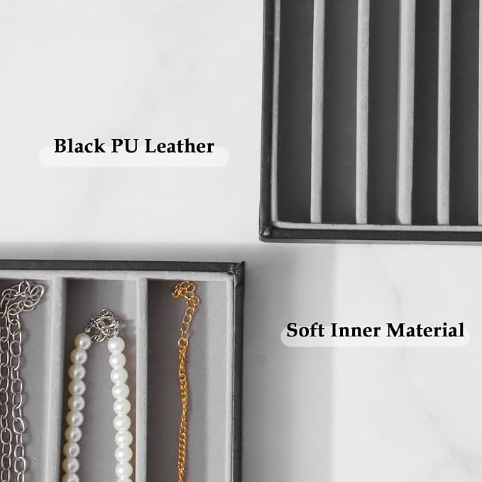 Large Jewelry Organizer Tray 2 Pack, Stackable Jewelry Storage Holder for Drawer Inserts, PU Leather Velvet Jewellery Display Case for Earring Bracelet Necklace Ring (Black Gray, 16 Grids)