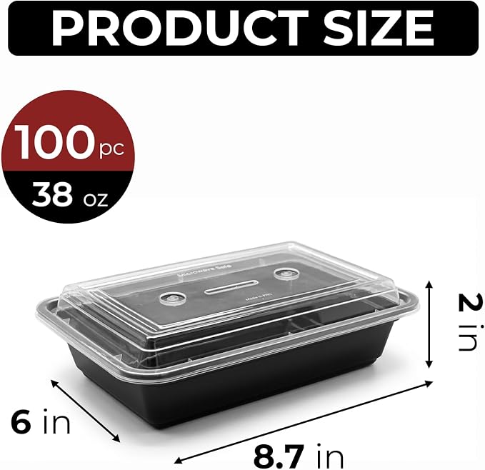 100 Pack (200-Piece) 38 oz Meal Prep Containers Reusable Food Storage Containers with Lids, Sturdy Leakproof To Go Plastic Takeout Containers for Microwave, Freezer, Dishwasher Safe