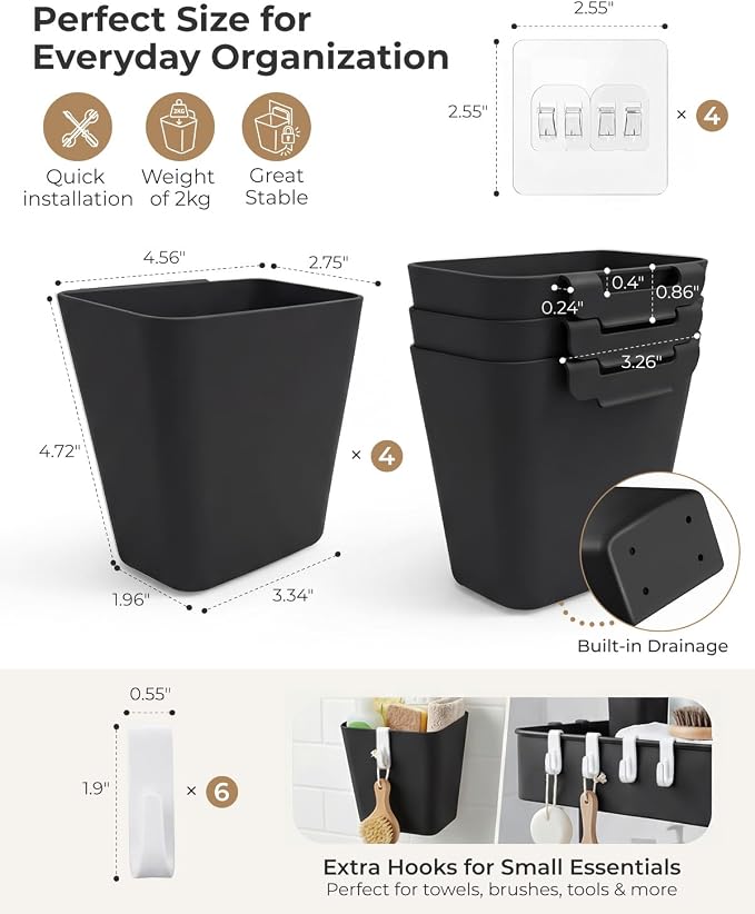4 Pack Rolling Cart Accessories, Black Craft Cart Cup Holder and 6 Hooks for Utility Carts, Adhesive Kitchen Cabinet Door Storage, Space-Saving Wall Mount Organizer for Bathroom, Office, Makeup