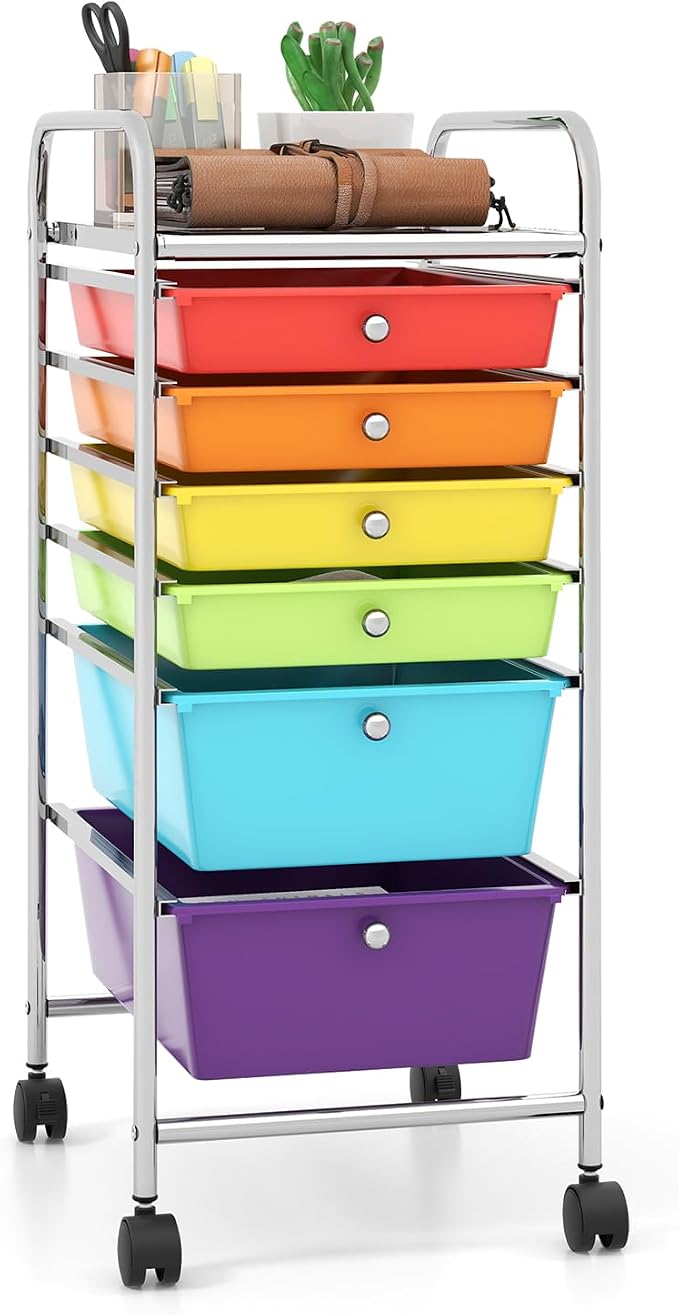 DREAMADE Rolling Rainbow Cart with 6 Drawers, Utility Cart with Removable Plastic Drawers, Lockable Wheels, Art Cart for Classroom Organization Art Supplies Office Scrapbook (6 Drawers, Multi-color)