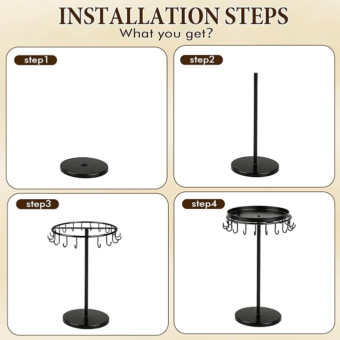 Necklace Holder Metal Jewelry Organizer Stand, Necklace Organizer Hanger with Tray & Hooks for Desk, Jewelry Holder for Necklaces Bracelets and Keychains, Elegant Home Hanging Decor - Black