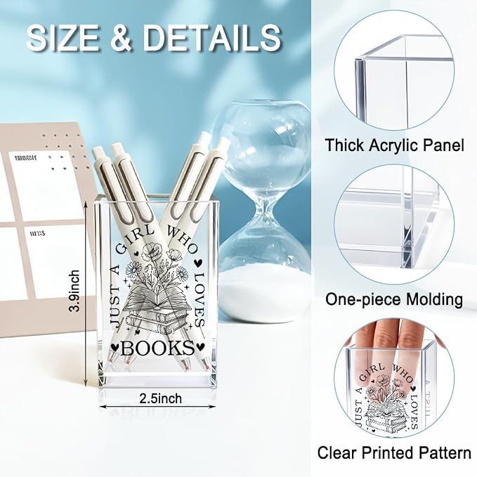 Just A Girl Who Loves Books Acrylic Pencil Holder Cup, Funny Floral Books Desk Organizer for Book Lover Bookish Bookworms Readers, Women Empowerment Gifts for Daughter Girls Sister BFF