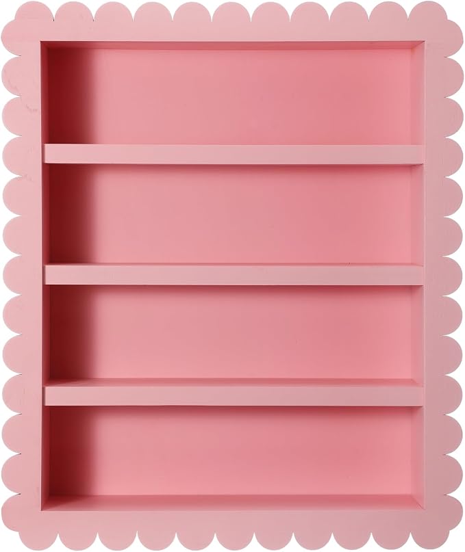 Chunful Spice Jar Wooden Rack Pink Sweet Scalloped Spice Shelf for 24 Jars, Village Style Wall Mounting Kitchen Storage Decorative Hanging Display Rack, Shelf Only(18.5 x 15.7 Inches)