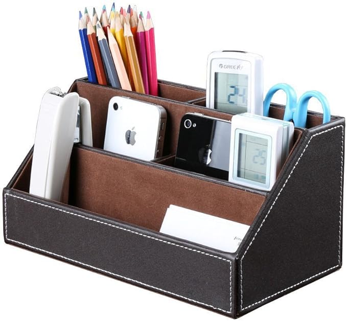 KINGFOM 5PCS Desk Organizer and Accessories Set, Pu Leather Office Supplies with Multifunction Desktop Organizer Storage Box, Tissue Holder, Mouse Pad, Note Paper Holder, Pencil Holder for Desk Brown