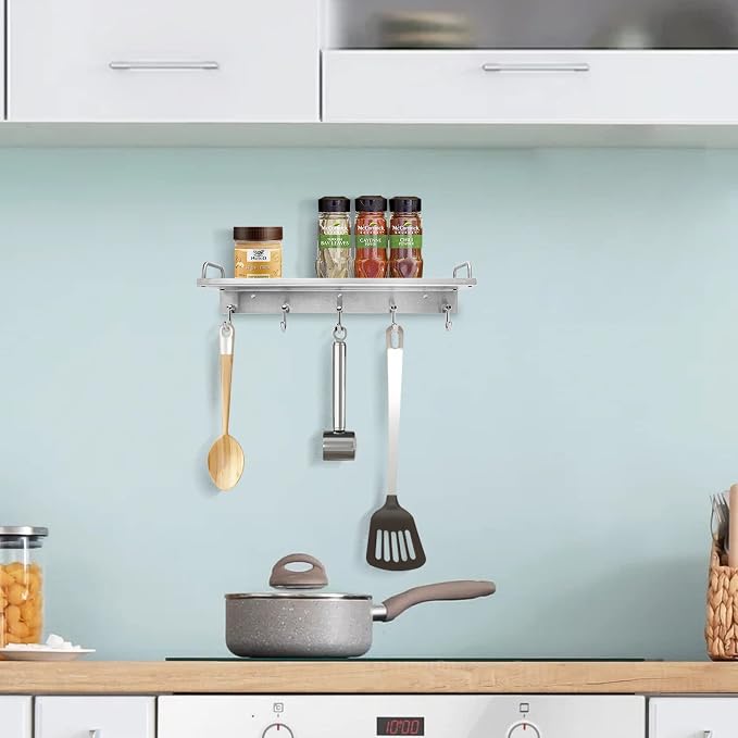 Audmore Kitchen Utensil Rack, 15.7 In Spice Rack with 5 Hooks Wall Mounted | Stainless Steel Over the Stove Shelf, Hanging Storage Wall Shelf for Spatula Spoon, Seasoning Jar Organizer, Rust Resistant