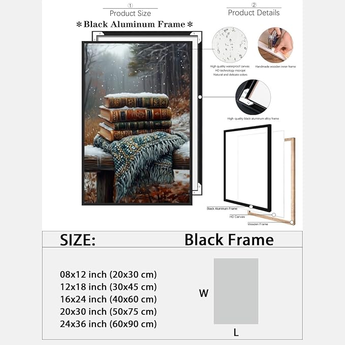 Vintage Books Winter Book Lover Art Aesthetic Poster Canvas Wall Art Decoration Living Room Home Decor Bedroom Decoration Poster black framed24x36inch