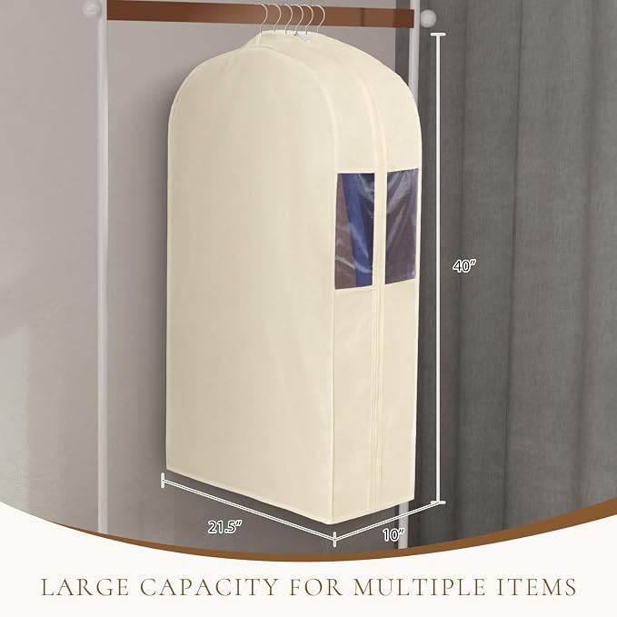 Univivi Premium Cotton Garment Bags for Hanging Clothes and Storage, 40 Inch Washable Suit Cover Bag with Extra Large 10" Gusset & Clear Window - Perfect for Suits, Coats, Jackets - 2 Pack, Beige