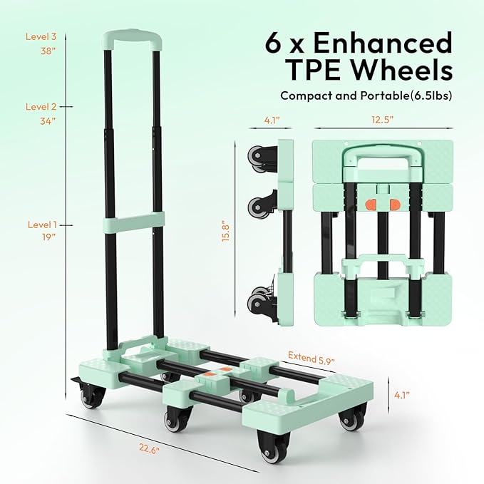 Voipvvii Folding Hand Truck 500lbs, Portable Heavy Duty Dolly Cart, 6 Wheels Collapsible Luggage Cart with 2 Elastic Ropes - Compact Trolley Cart for Easy Moving - Ideal Hand Cart for Travel and More