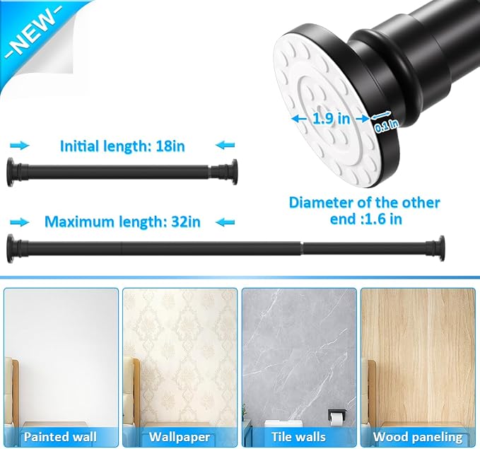 XQIYY Small Shower Curtain Rod 18-32 Inches, Grey Short Tension Rod | Fits Compact Showers and Tight Recesses Without Any Overhang