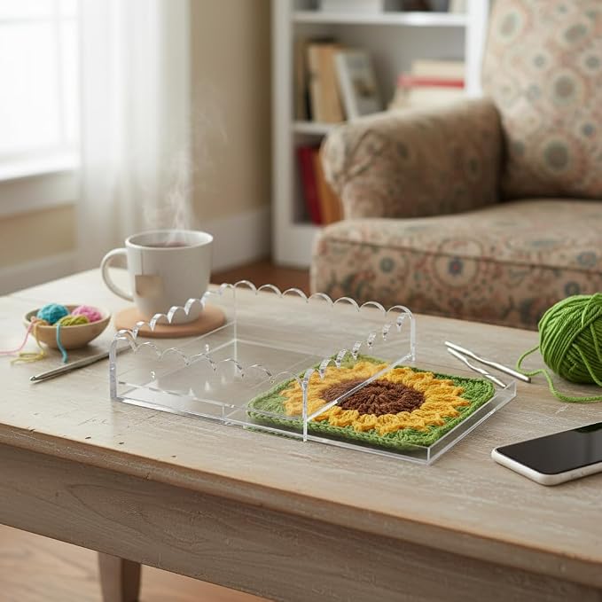 Acrylic Tray for Needlepoint Insert, 9 x 9 Inch Large Clear Scalloped 5MM Acrylic Decorative Tray with Upgraded 2 Magnets Drawer for Display Photos Fabrics Square Organizer Tray for Home Decor Gift