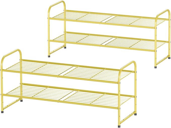 2 Pack Shoe Rack, 2-Tier Metal Stackable Shoe Shelf Storage Organizer, Heavy Duty Wire Shoe Stand for Entryway, Closet, Hallway, Holds 50 LBS, Gold