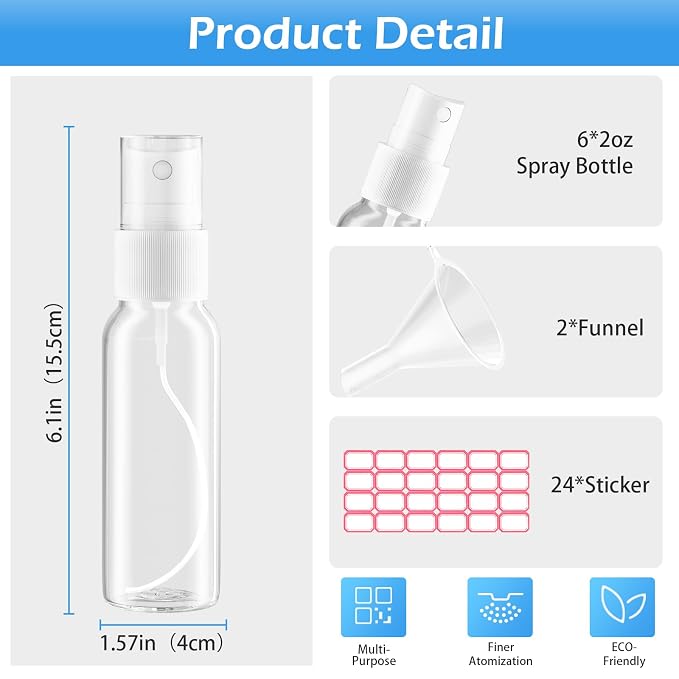 Zoizocp Spray Bottles, 4oz/120ml Clear Empty Fine Mist Plastic Mini Travel Bottle Set, Small Refillable Liquid Containers with 2pcs Funnels and 24pcs Labels (6 Pack)
