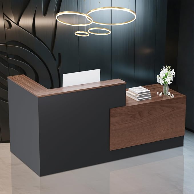 L-Shaped Large Wooden Reception Desk, Modern Front Desk Reception Counter with Lockable Drawers, Storage & Keyboard Tray for Office Lobby Checkout (Right-Brown + Black, 87''L x 42''W x 41''H)
