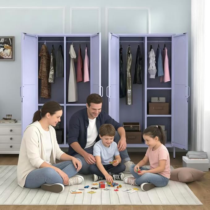 Metal Wardrobe with Lock 67"Clothing Steel Storage Cabinet Locker Hanging Rod And Adjustable Shelves 2 Doors Household kids wardrobe closet Lockers For Bedroom Home Purple Size:67"H X 31.5"W X 18.1"D