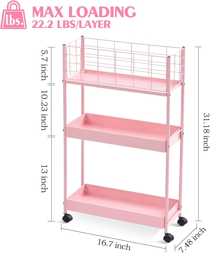 KINGRACK Slim Rolling Storage Cart 3 Tier - Heavy Duty Metal Utility Cart with Raised Edge & Wheels, Narrow Small Mobile Organizer Shelves for Bathroom, Kitchen, Laundry, Office, Living Room, Pink