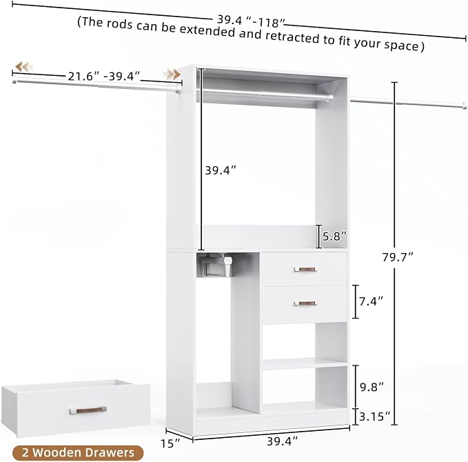 39.4"-118" Extra Wide Closet System with 2 Expandable Rods, Walk-in Closet Organizer with 2 Drawers and Retractable Hidden Rod, Modern Wood Built-in Closet Kit for Long Coats & Dresses, White