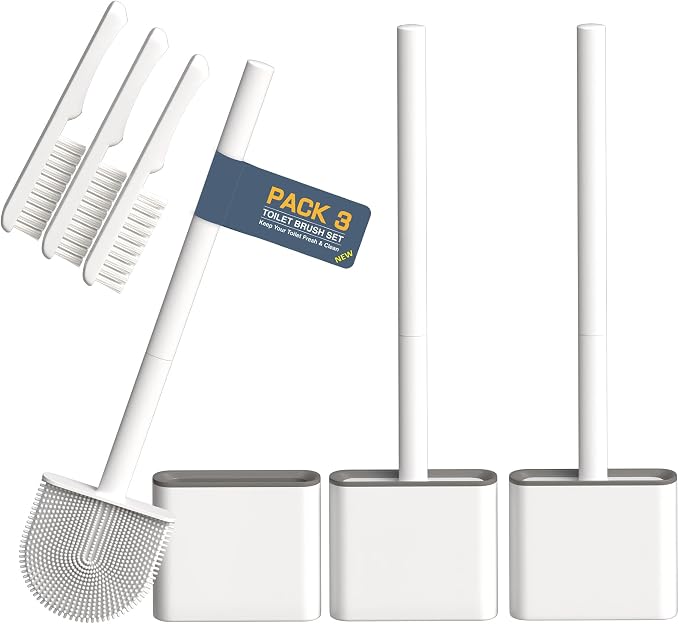 3 Pack Silicone Toilet Brushes & Holders– Includes 3 Crevice Brushes for Bathroom, Long Non-Slip Handle – Durable Bathroom Cleaning Set.