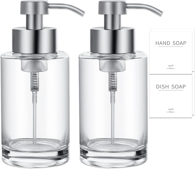 Foaming Soap Dispenser Set, 12 Oz Glass Hand Soap Dispenser with 304 Rust Proof Stainless Steel Pump, Waterproof Labels, for Bathroom Decor Kitchen College Dorm, Clear Silver Pump 2 Pack | Rust Proof Silver Pump, Sturdy, Clear Empty Foam Bottle with Wa...