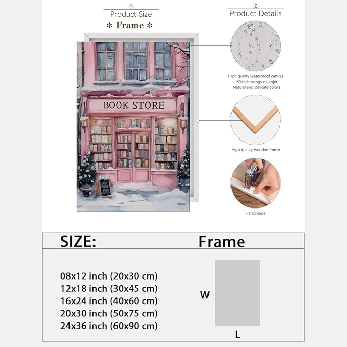 Winter Bookshop Snowy Art Aesthetic Poster Canvas Wall Art Decoration Living Room Home Decor Bedroom Decoration Poster Framed16x24inch