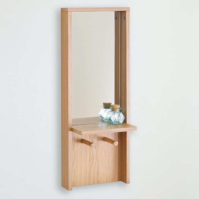 Yamazen FWM-6020(Oak) Wall Shelf, Wall Mirror, Mirror, Rectangle, Vertical Type, Key Hook, Wall Hanging, Storage, Wall Storage, Rack, Shelf, Width 8.7 x Depth 5.7 x Height 23.6 inches (22 x 14.5 x 60