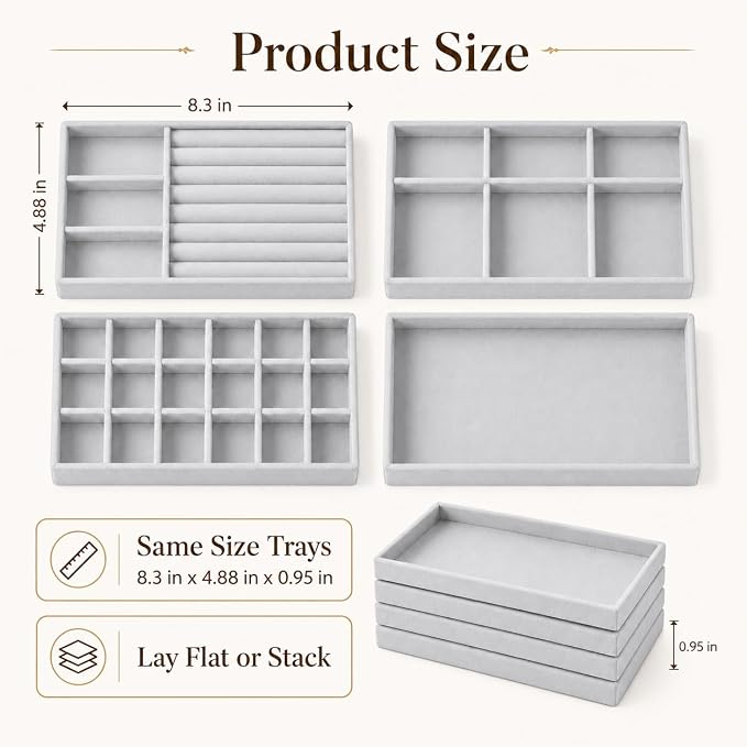 4 Pack Stackable Jewelry Organizer Tray Set - Velvet Display Case | for Rings Earrings Necklaces, for Drawer Organization, Can Stacked