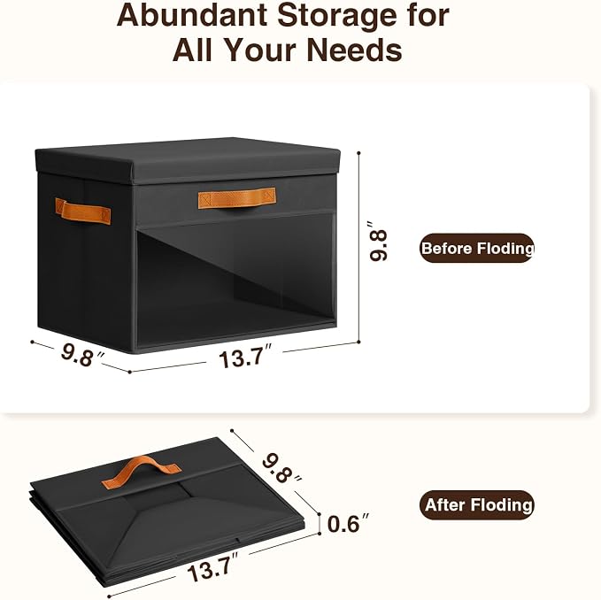 Homsorout Large Storage Bins with Lids - 3 Pack Foldable Decorative Organizers with Clear Windows & Handles, Cube Storage Organizers for Clothes, Blankets, Sweaters, Sheets, Black