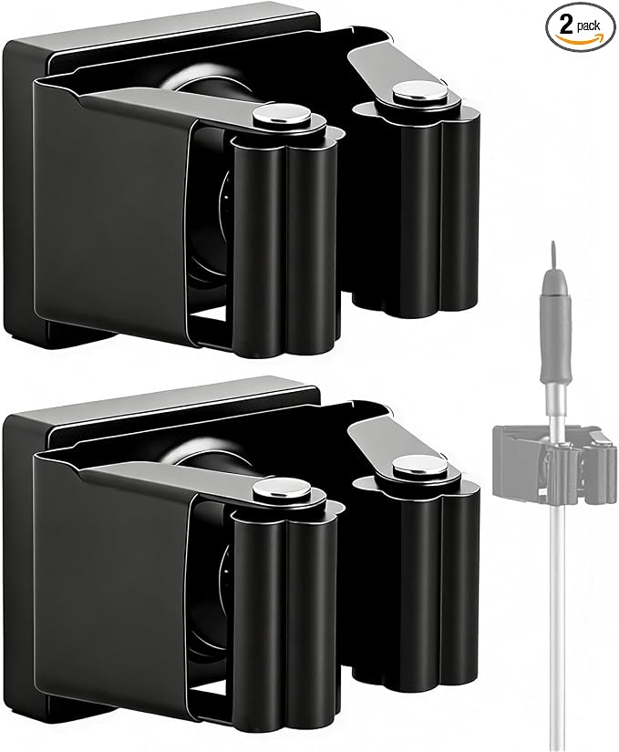 Magnetic Broom and Mop Holder Wall Mount,Black 2 Pack | Space-Saving magnetic broom holder, heavy duty magnet hooks, no-drill over the door broom gripper,RV Camper Wall Organizer