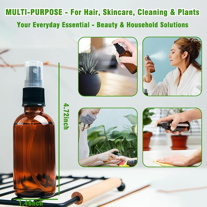2oz Amber Glass Spray Bottles for Essential Oils, Hair, Skincare, Cleaning & Travel,2-Pack Small Empty Spray Bottle